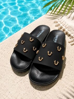 NWT True Religion Black Slide Sandals Gold Studded Horseshoe Rhinestone Womens